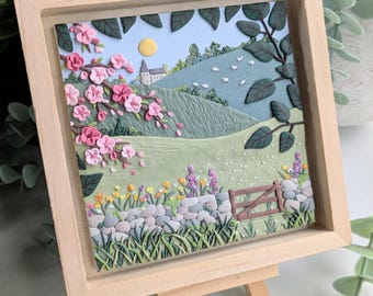 English country scene wall art, unique piece handmade from polymer clay in a wooden frame, perfect for cottage core interiors