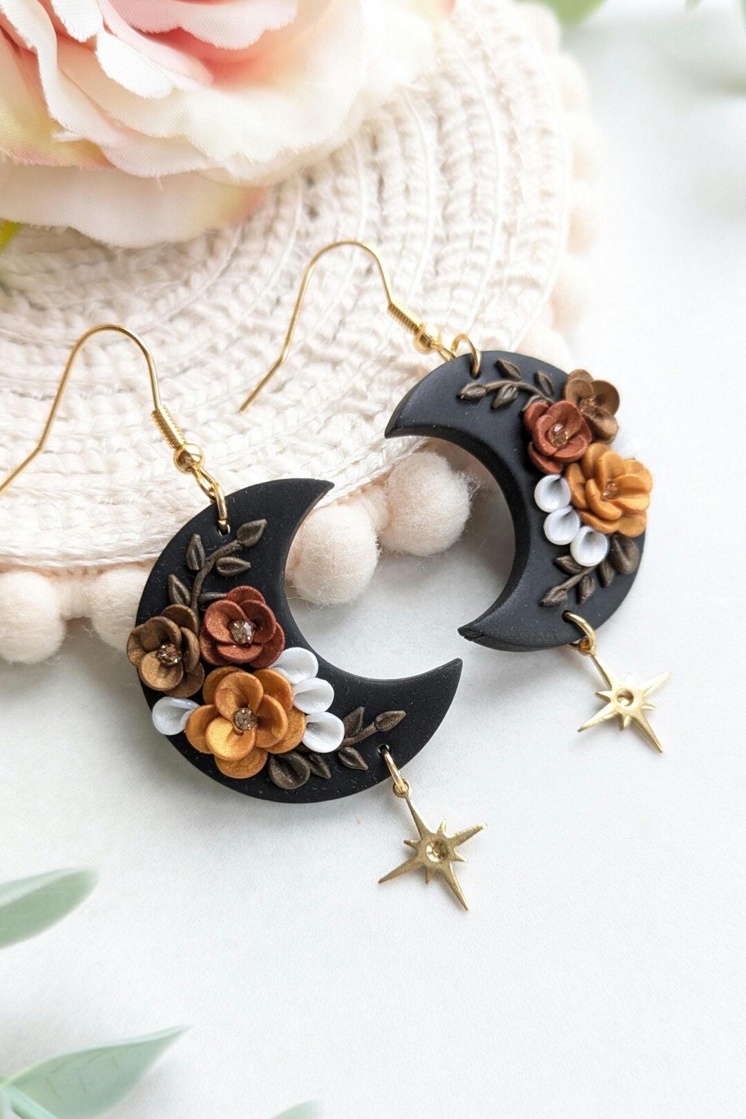 Handmade Black and Gold Floral Moon Earrings: Polymer Clay Dangles