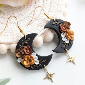 Handmade Black and Gold Floral Moon Earrings: Polymer Clay Dangles