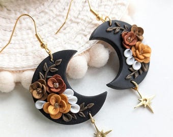 Handmade Black and Gold Floral Moon Earrings: Polymer Clay Dangles