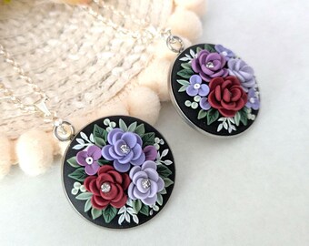 Handmade Polymer Clay Floral Pendant Necklace | Silver-Plated, 16'' Chain