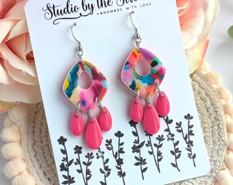 Bright and colourful handmade earrings with dangles, lightweight polymer clay, quirky, fun design