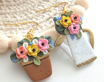 Watering can and flower pot earrings, gardening gifts for her, fun and quirky