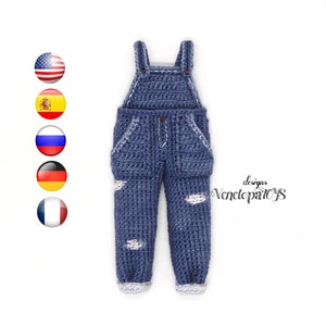 Modèle de vêtements pour poupée au crochet - Combinaison en jean, tenue au crochet pour poupée, tutoriel amigurumi pdf, vêtements de poupée au crochet