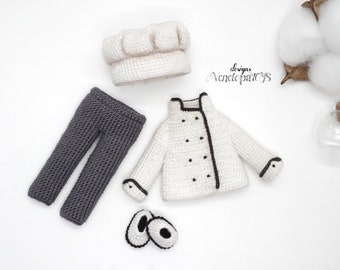 Crochet Chef Uniform for Doll, PDF Crochet Pattern for 5,5 & 6 inch Dolls, crochet clothing for doll
