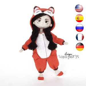 Crochet Pattern Amigurumi Doll in Kigurumi Costume, doll in removable clothes, crochet doll tutorial pdf