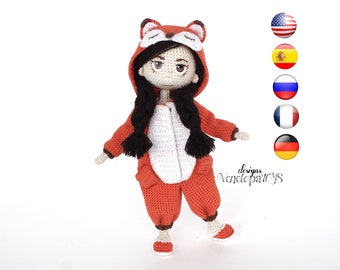 Häkelanleitung Amigurumi Puppe im Kigurumi Kostüm, Puppe in abnehmbarer Kleidung, Häkelanleitung pdf