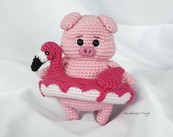 Patrón de ganchillo para un cerdito amigurumi con flotador de flamenco (PDF)