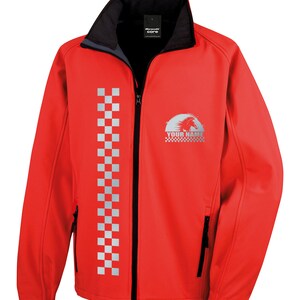 May include: Red softshell jacket with a black zipper and a reflective checkered stripe down the left side. The jacket has a black collar and a logo with a horse and the text "YOUR NAME".