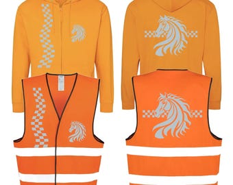 May include: Orange hoodie with a zipper and a horse design on the front and back. The hoodie has a checkered pattern on the side. A matching orange safety vest with reflective stripes and a horse design on the front and back.