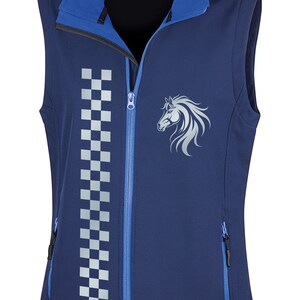 May include: A navy blue softshell vest with a zipper closure and a reflective checkered pattern down the front. The vest has a blue inner lining and a horse logo on the right side. The logo is a silver silhouette of a horse's head with a flowing mane.