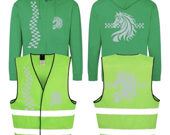 May include: Green hooded sweatshirt with a white horse design and a checkered pattern on the sleeve. A matching green and yellow safety vest with a white horse design and reflective stripes.