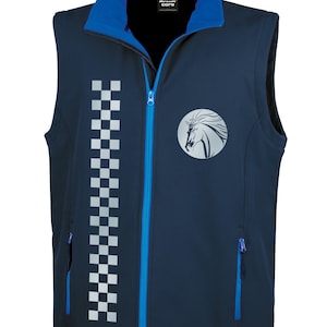 May include: A navy blue softshell vest with a reflective checkered stripe and a reflective horse head logo. The vest has a blue zipper and two zippered pockets.