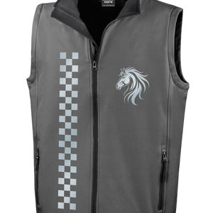 May include: A gray softshell vest with a black zipper and a reflective checkered stripe down the front. The vest has a horse head logo on the right side. The vest has two zippered pockets on the sides.