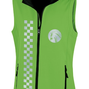 May include: Green fleece vest with a black zipper and a reflective checkered stripe down the front. The vest has a reflective horse logo on the right side and the text "Result Core" on the inside collar.
