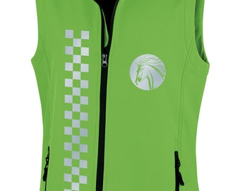 May include: Green fleece vest with a black zipper and a reflective checkered stripe down the front. The vest has a reflective horse logo on the right side and the text "Result Core" on the inside collar.