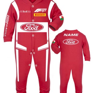 Baby Food personalized race sleep suit in red