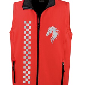 May include: Red softshell vest with a black zipper and a reflective checkered pattern down the front. The vest has a horse head logo on the right side and two zippered pockets on the sides.