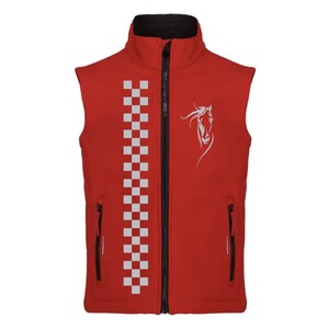 May include: Red vest with a black zipper and collar. A vertical checkered pattern runs down the left side, and a white horse head graphic is on the right. The vest has two black zippered pockets.