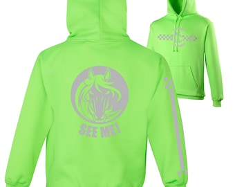 Reflective Horse Rider Hoodie With Personalised Names. Highly Visual, Road Safety, Electric Colours With Reflective Print.