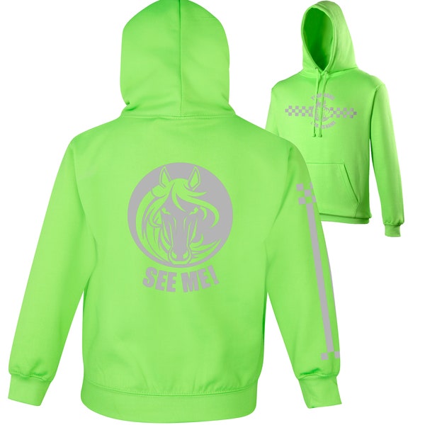 Reflective Horse Rider Hoodie With Personalised Names. Highly Visual, Road Safety, Electric Colours With Reflective Print.