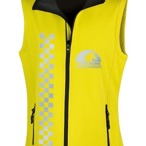 May include: A yellow safety vest with a black zipper and a reflective checkered pattern down the side. The vest has a reflective logo with the text "YOUR NAME".