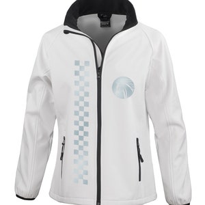 May include: White softshell jacket with a black zipper and a checkered pattern on the left side. The jacket has a black collar and a small logo on the right side.