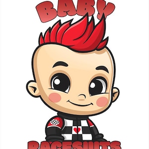 K&ouml;nnte beinhalten: Cartoon-Illustration eines Babys in einem schwarz-wei&szlig; karierten Rennanzug mit rotem Herz. Das Baby hat rote Stachelhaare und die Worte "BABY" und "RACESUITS" stehen dar&uuml;ber und darunter.