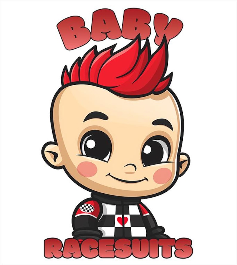 K&ouml;nnte beinhalten: Cartoon-Illustration eines Babys in einem schwarz-wei&szlig; karierten Rennanzug mit rotem Herz. Das Baby hat rote Stachelhaare und die Worte "BABY" und "RACESUITS" stehen dar&uuml;ber und darunter.