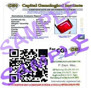 May include: A certificate of authenticity for a 9.40 carat bixbite (beryl) gemstone. The certificate is from the Capital Gemological Institute and includes details about the gemstone's cut, clarity, color, and origin. The certificate number is EP1231.