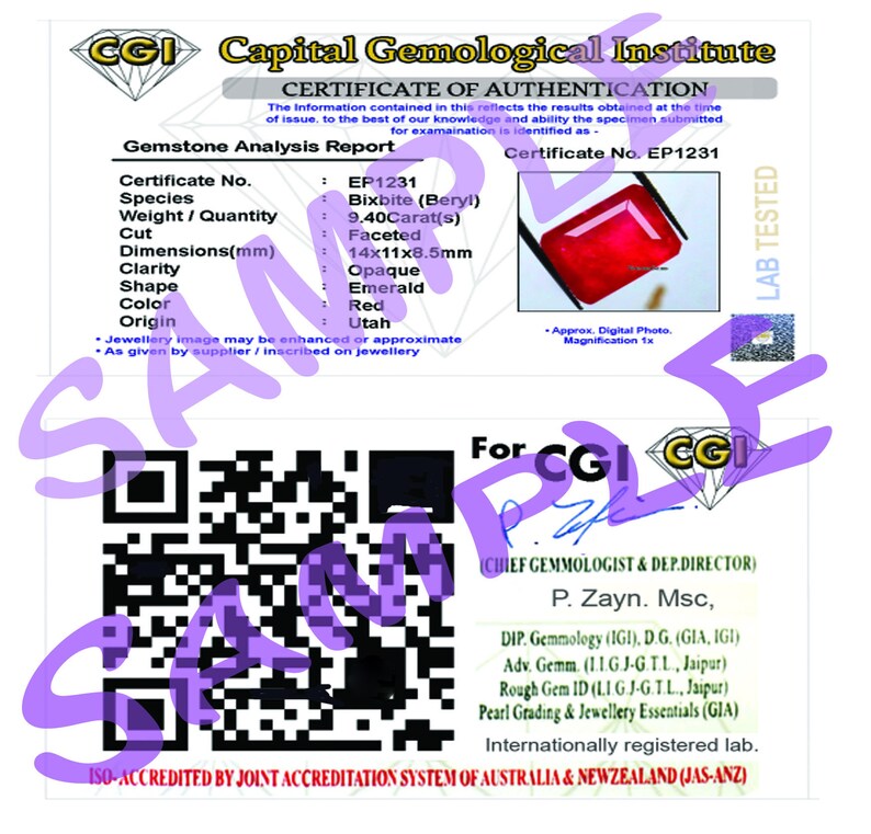 May include: A certificate of authenticity for a 9.40 carat bixbite (beryl) gemstone. The certificate is from the Capital Gemological Institute and includes details about the gemstone's cut, clarity, color, and origin. The certificate number is EP1231.