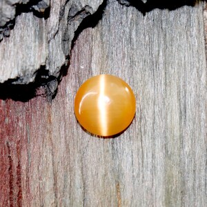 May include: A round, orange gemstone with a chatoyant effect. The stone is set against a rustic wooden background.
