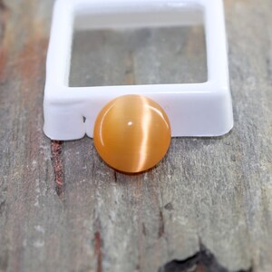 May include: A round, orange gemstone with a chatoyant effect. The gemstone is set in a white, square display box.