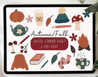 Peut inclure: Feuilles d'autocollants numériques et fichiers PNG illustrant des thèmes d'automne et d'automne. La feuille comprend une citrouille, une tasse de café, une théière, un livre, un pull, un feu de camp, un champignon, une feuille, des chaussettes et une tasse.