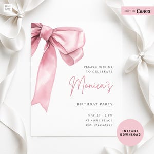 Pink Bow Birthday Invitation | Editable Template | Coquette Pink Bow Birthday | Birthday Girl Invite