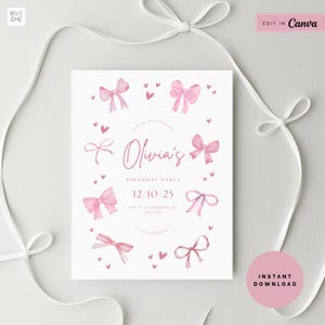 Pink Bows Birthday Invitation | Editable Template | Coquette Pink Bows Birthday | Birthday Girl Invite