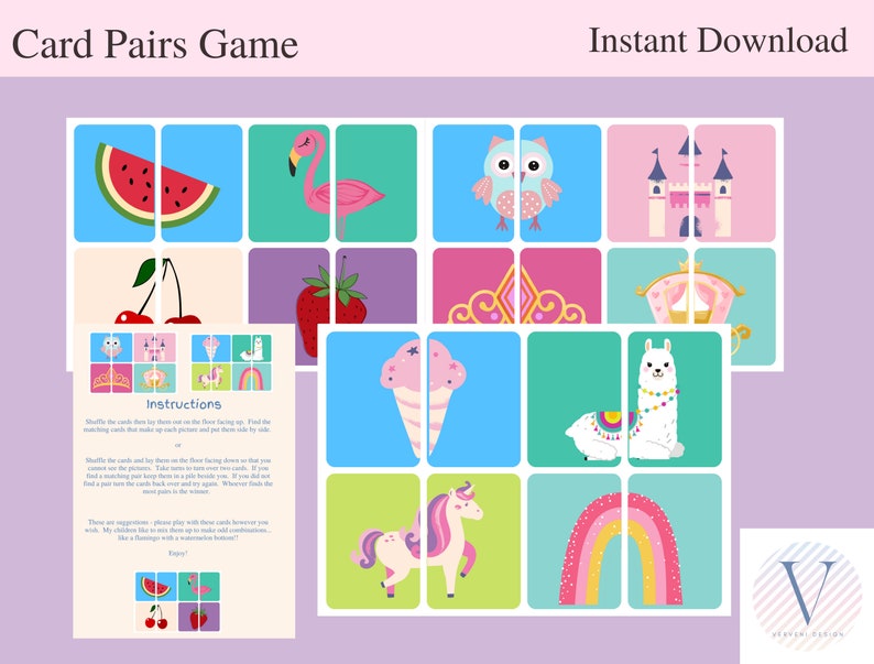 KIDS CARD GAME Printable Instant Download Card Pairs Game - Etsy