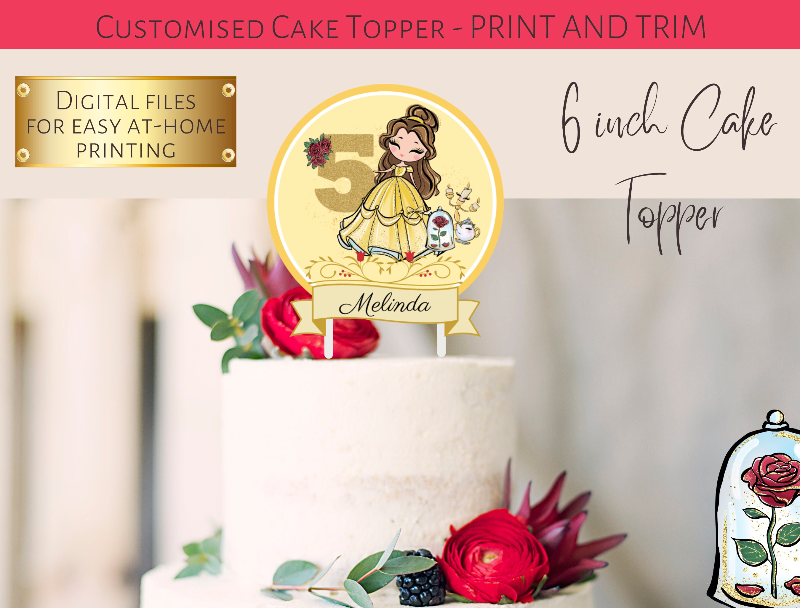 PRINTABLE CAKE TOPPER Princess Belle Cake Topper With Name and Age ...