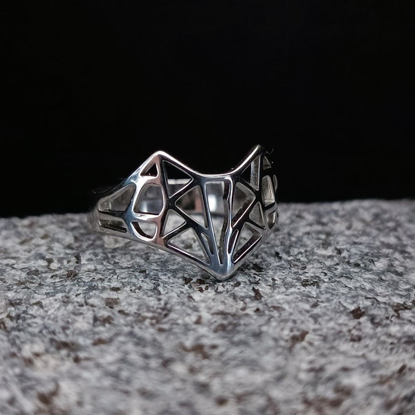 Lowpoly geometric fox type jewelry ring triangle in adjustable stainless steel Kazual.fr
