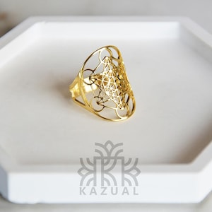 Anel do Arcanjo Metatron em Aço Inoxidável - Joia de Geometria Sagrada - Anel de Proteção Espiritual Ajustável - Presente Esotérico