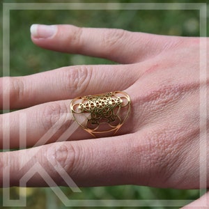 Puede incluir: Un anillo de oro con un dise&ntilde;o geom&eacute;trico, que recuerda a un patr&oacute;n de flor de la vida.