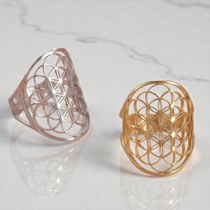 Bague Fleur de Vie en Acier Inoxydable - Bijou Géométrie Sacrée Ajustable - Cadeau Spirituel Bien-être