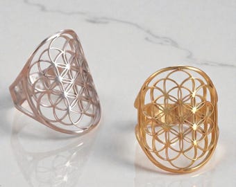 Anillo de acero inoxidable con la Flor de la Vida - Joyería ajustable de geometría sagrada - Regalo de bienestar espiritual
