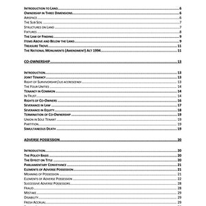 May include: Table of contents for a law textbook covering topics such as land ownership, co-ownership, and adverse possession.