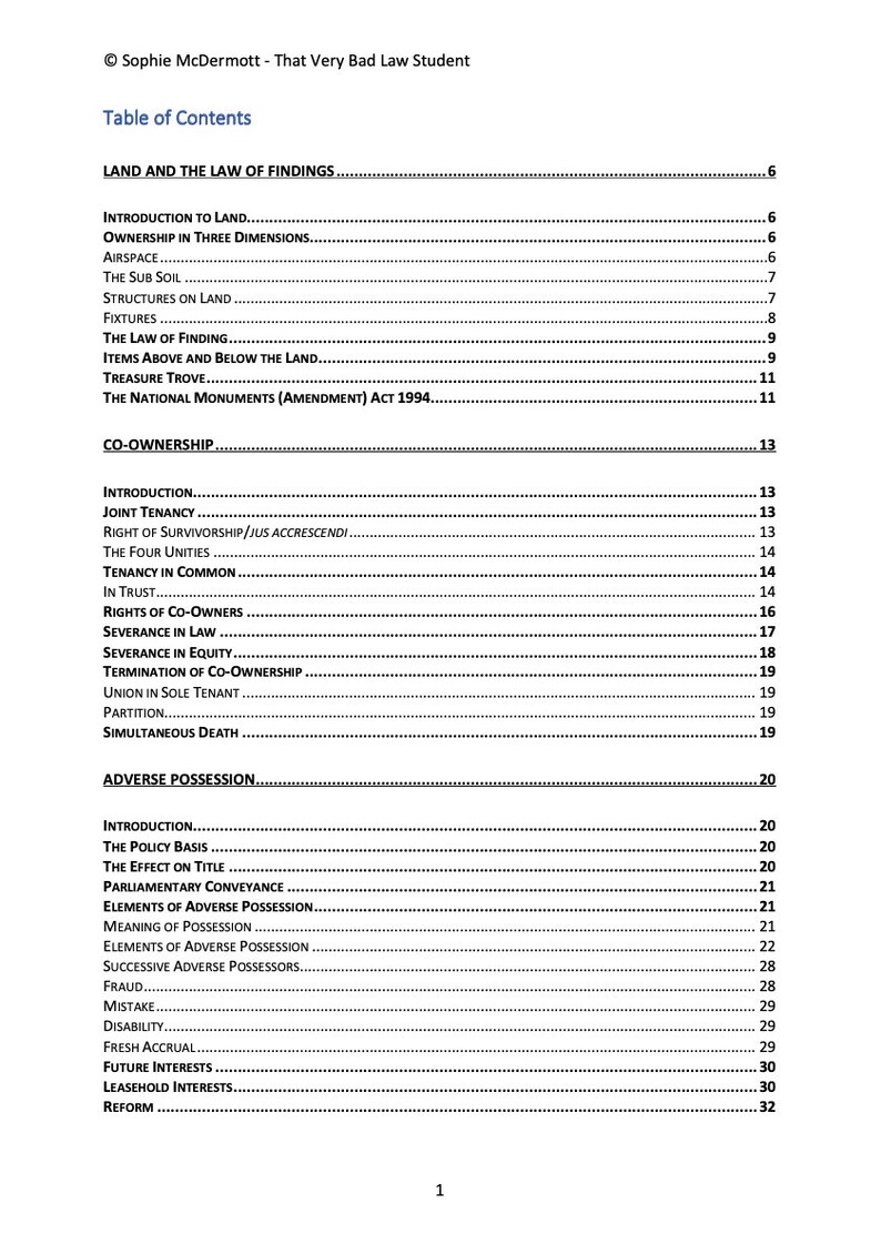 May include: Table of contents for a law textbook covering topics such as land ownership, co-ownership, and adverse possession.