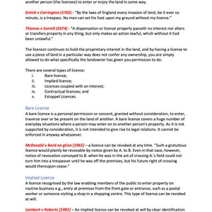 May include: A page from a law textbook discussing the concept of licenses and estoppel in property law. The text includes legal definitions and case examples, such as Entick v Carrington (1765) and Thomas v Sorrell (1674).