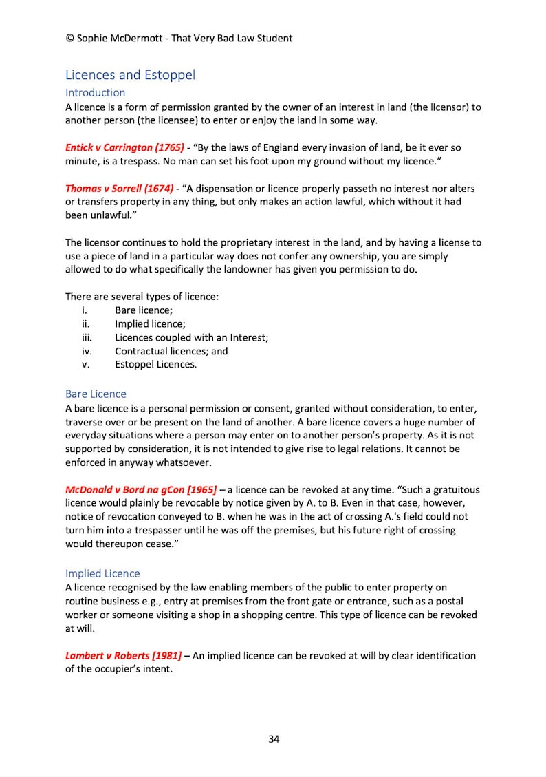 May include: A page from a law textbook discussing the concept of licenses and estoppel in property law. The text includes legal definitions and case examples, such as Entick v Carrington (1765) and Thomas v Sorrell (1674).