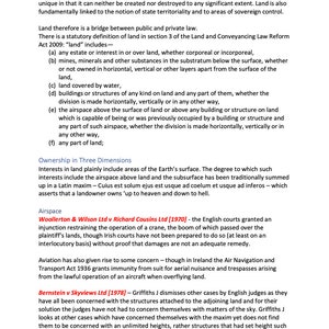 May include: A black and white text document with the title "Land and The Law of Findings". The document discusses the legal definition of land and its ownership in three dimensions, including airspace and subsurface. It also mentions legal cases related to airspace ownership, such as Woollerton & Wilson Ltd v Richard Cousins Ltd [1970] and Bernstein v Skyviews Ltd [1978].