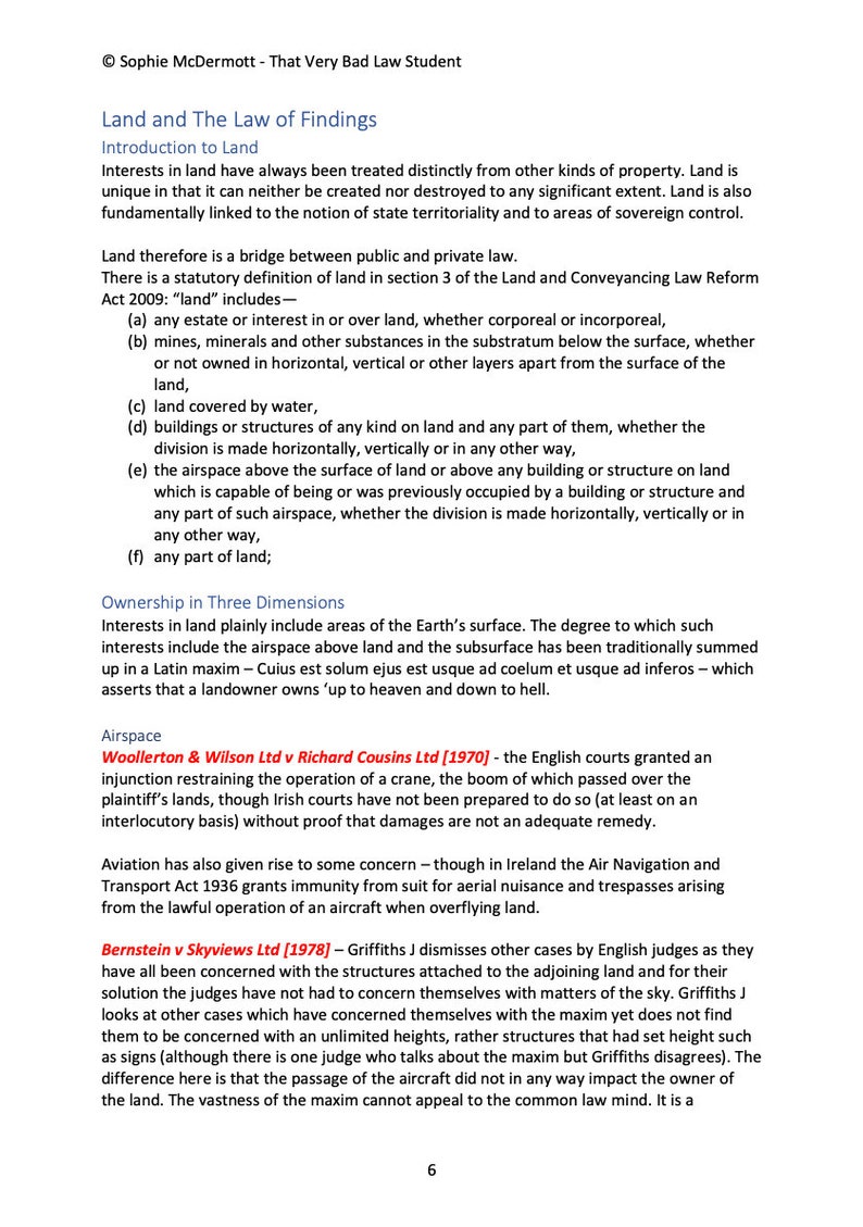 May include: A black and white text document with the title "Land and The Law of Findings". The document discusses the legal definition of land and its ownership in three dimensions, including airspace and subsurface. It also mentions legal cases related to airspace ownership, such as Woollerton & Wilson Ltd v Richard Cousins Ltd [1970] and Bernstein v Skyviews Ltd [1978].