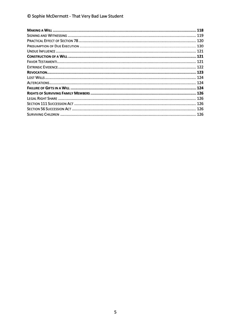 May include: A black and white page with a list of legal topics related to wills and inheritance. The topics include making a will, signing and witnessing, practical effect of section 78, presumption of due execution, undue influence, construction of a will, favor testamenti, extrinsic evidence, revocation, lost wills, alterations, failure of gifts in a will, rights of surviving family members, legal right share, section 111 succession act, section 56 succession act, and surviving children. Page numbers are listed next to each topic.